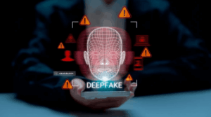 Ologramma volto deepfake con icone di avviso